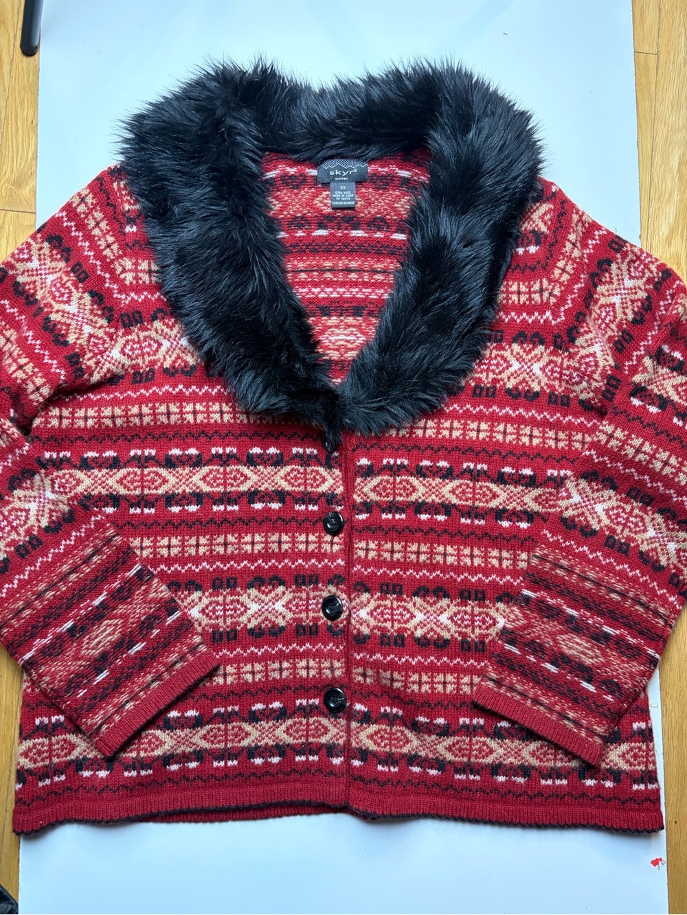 Skyr nordic fair isle faux fur collar cardigan